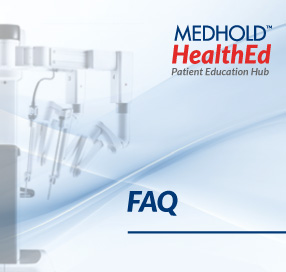 Medhold HealthEd Patient Education Hub banner displaying the FAQ heading, with a medical device background on the left.