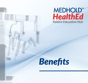 MedHold HealthEd Patient Education Hub logo with 'Benefits' text on a blue gradient background and medical syringes on the left.