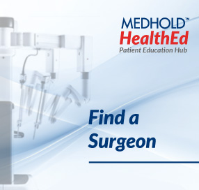 MedHOLD HealthEd banner with medical instruments on the left and the headline 'Find a Surgeon'.