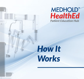 Cover image for MedHOLD HealthEd: 'How It Works' title with a blue gradient and medical devices on the left side.
