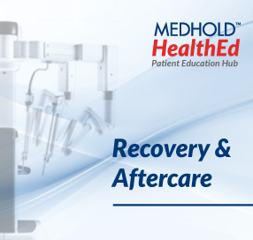 MedHOLD HealthEd banner: 'Recovery & Aftercare' with a medical equipment background, indicating patient education hub.