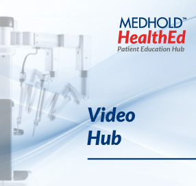 Banner for Medhold HealthEd Patient Education Hub, featuring the 'Video Hub' title and brand logo on a light blue gradient background.