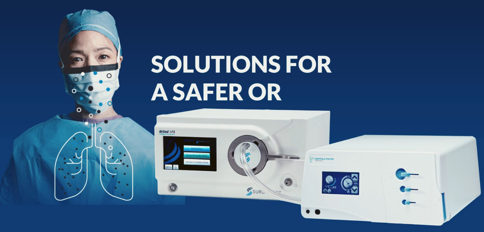 smoke4 Banner scene showing a surgeon in blue scrubs and mask beside two white medical devices against a dark blue gradient; text reads 'SOLUTIONS FOR A SAFER OR'.