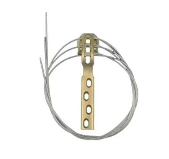 Orthopedic bone plate with holes and multiple cerclage wires wrapped around it, used to stabilize a fracture.
